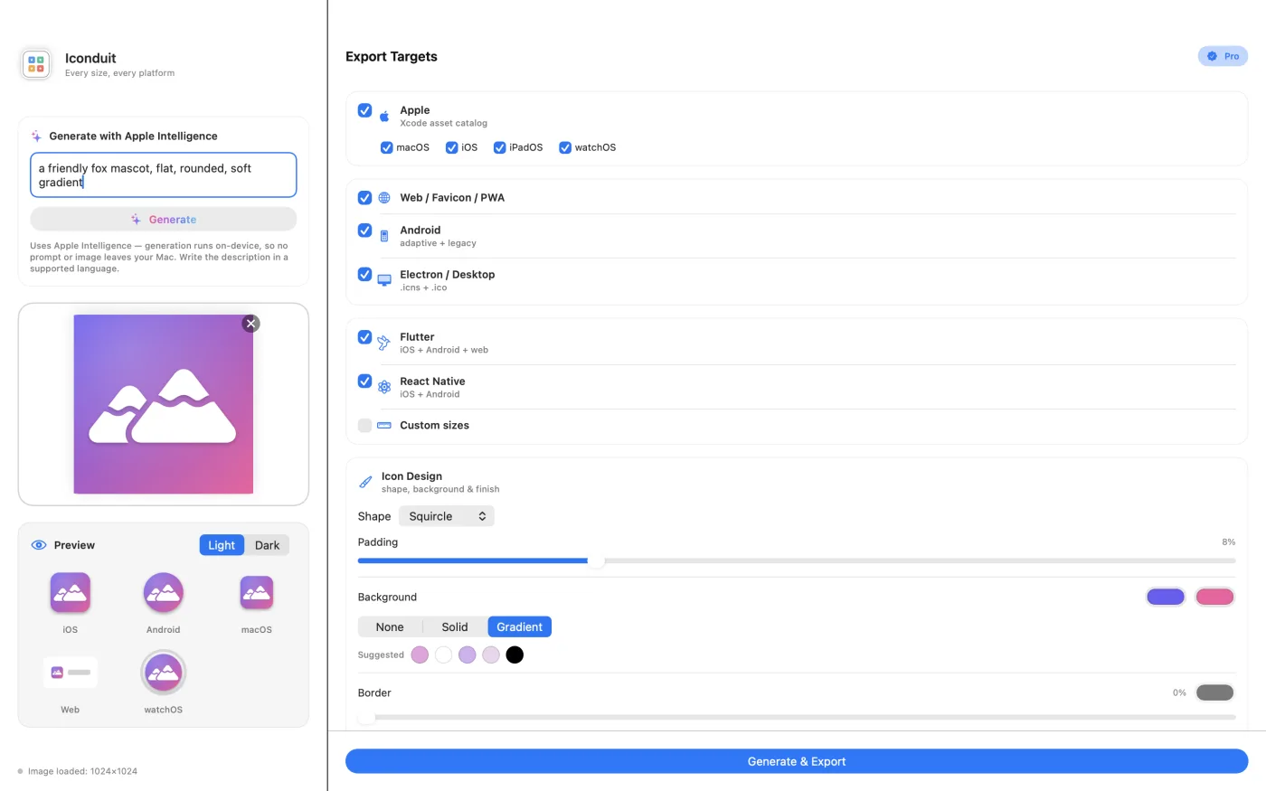 Generate from text — describing an icon and creating it on-device with Apple Intelligence, with the macOS 15.2 requirement noted.
