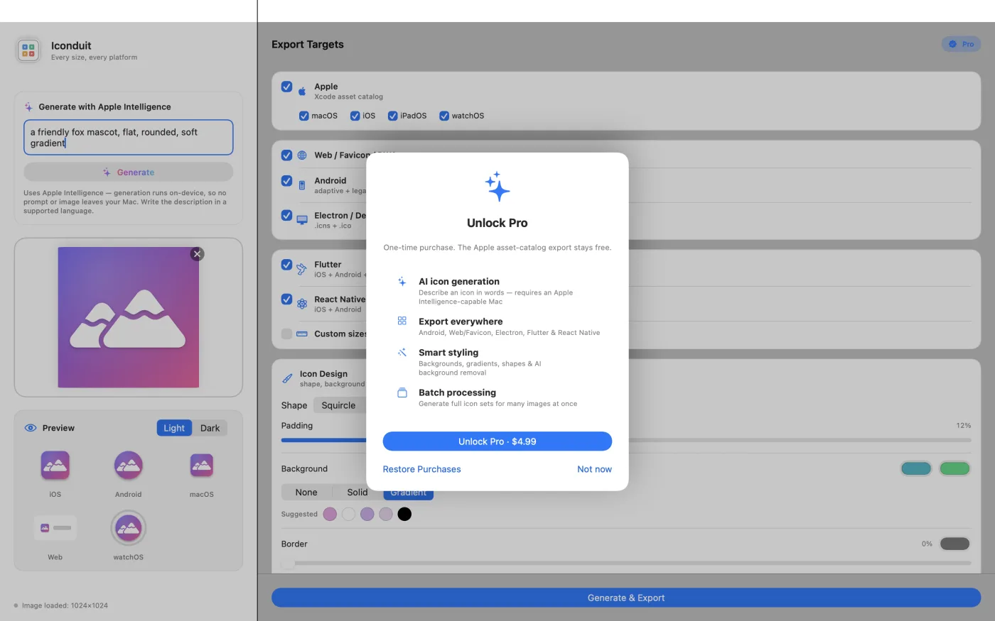 The Pro screen — a one-time $4.99 unlock for the non-Apple export targets, the styling tools and the AI features.