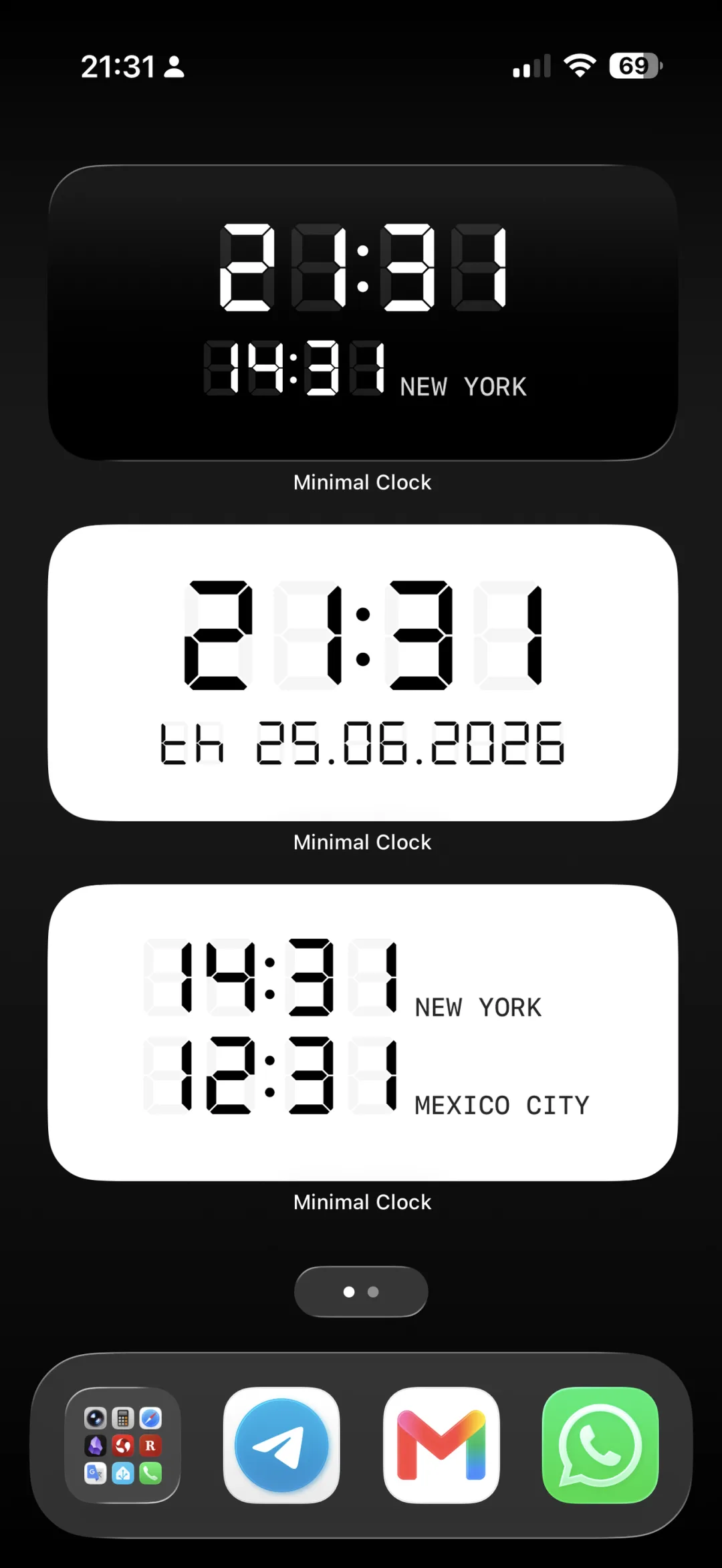 The World Clock widget tracking local time alongside other cities, each with its UTC offset.