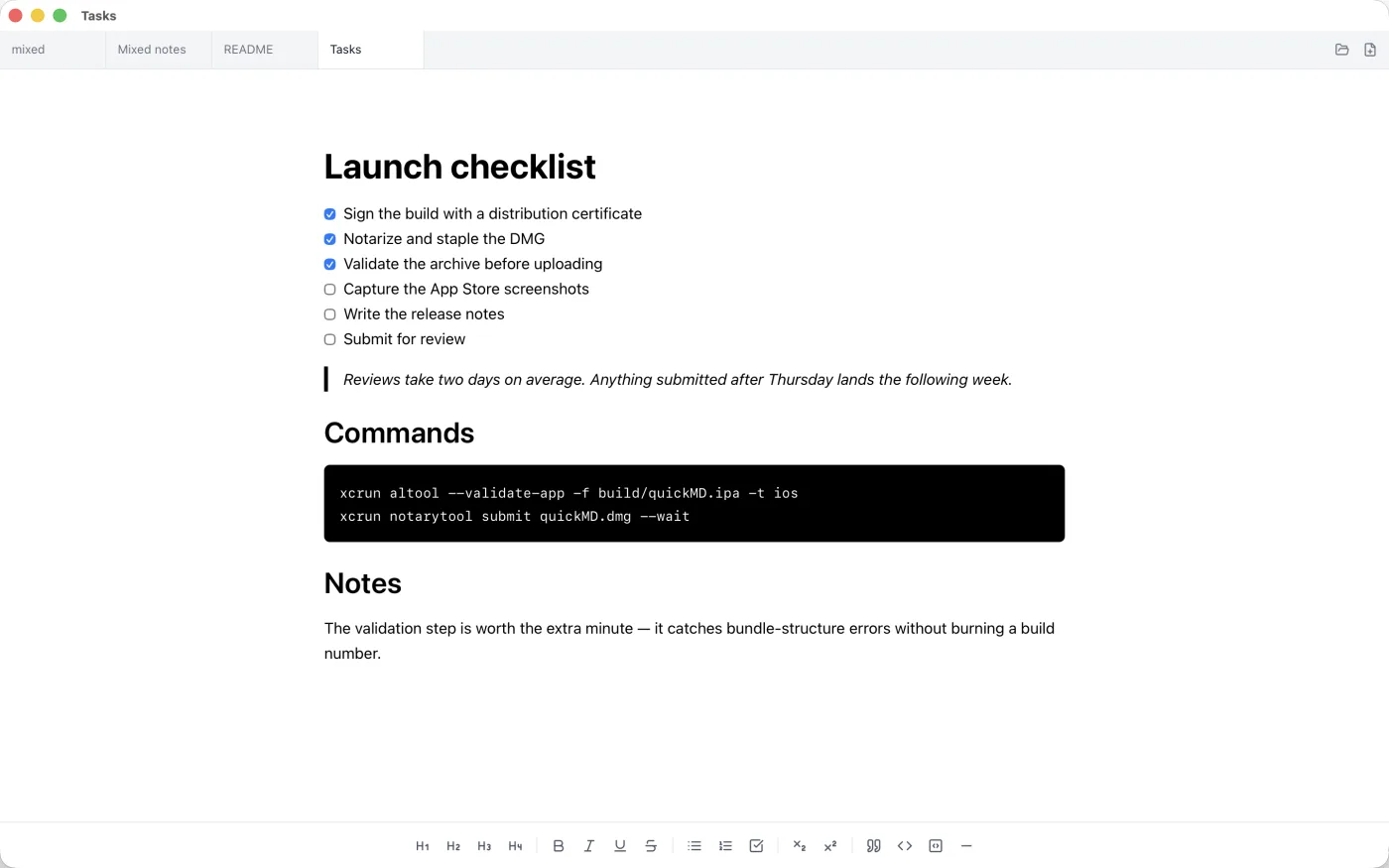A checklist with ticked and empty checkboxes, a block quote and a code block, with four files open in tabs.