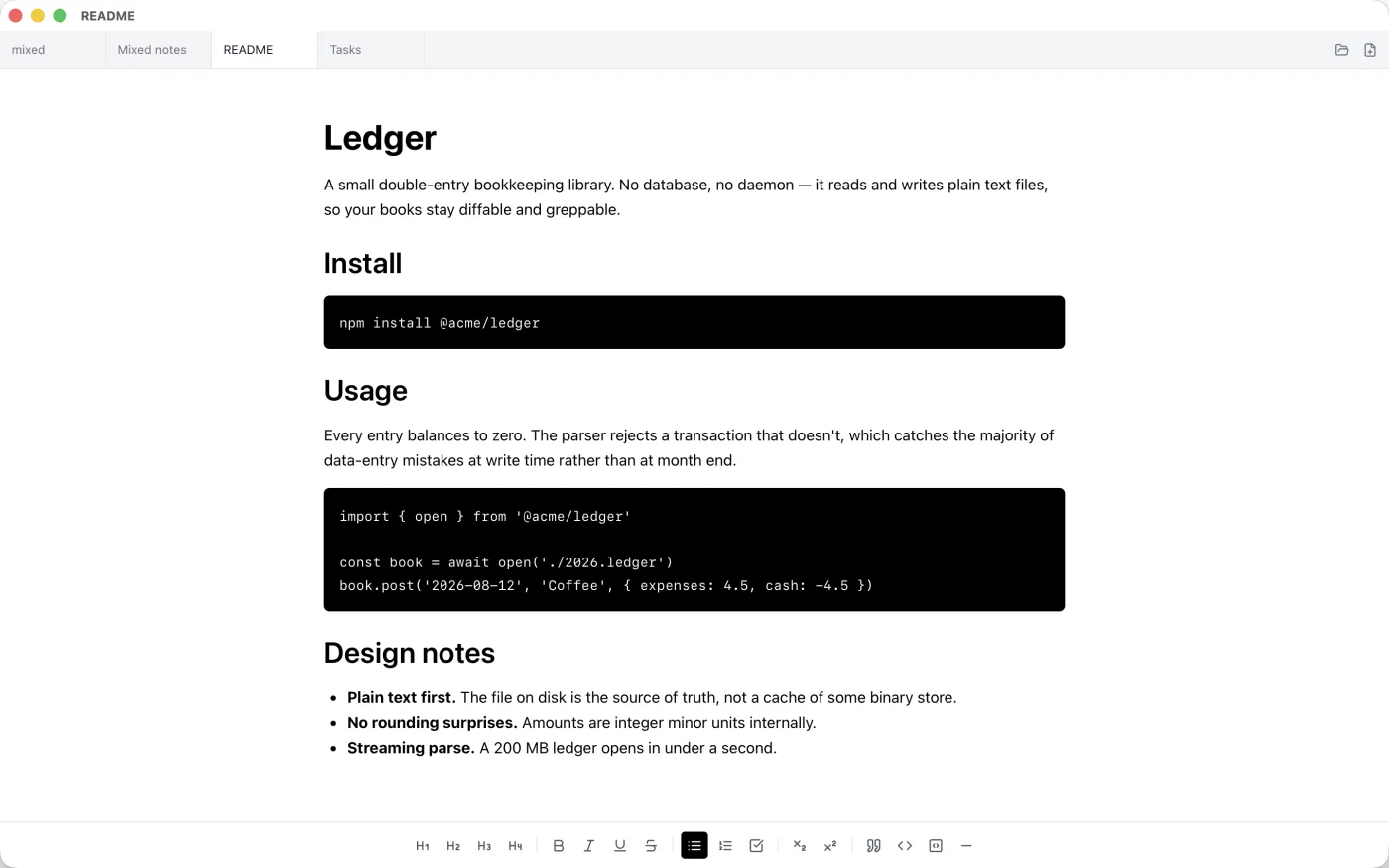 A README with headings, code blocks and a bulleted list, the list button lit in the formatting bar.