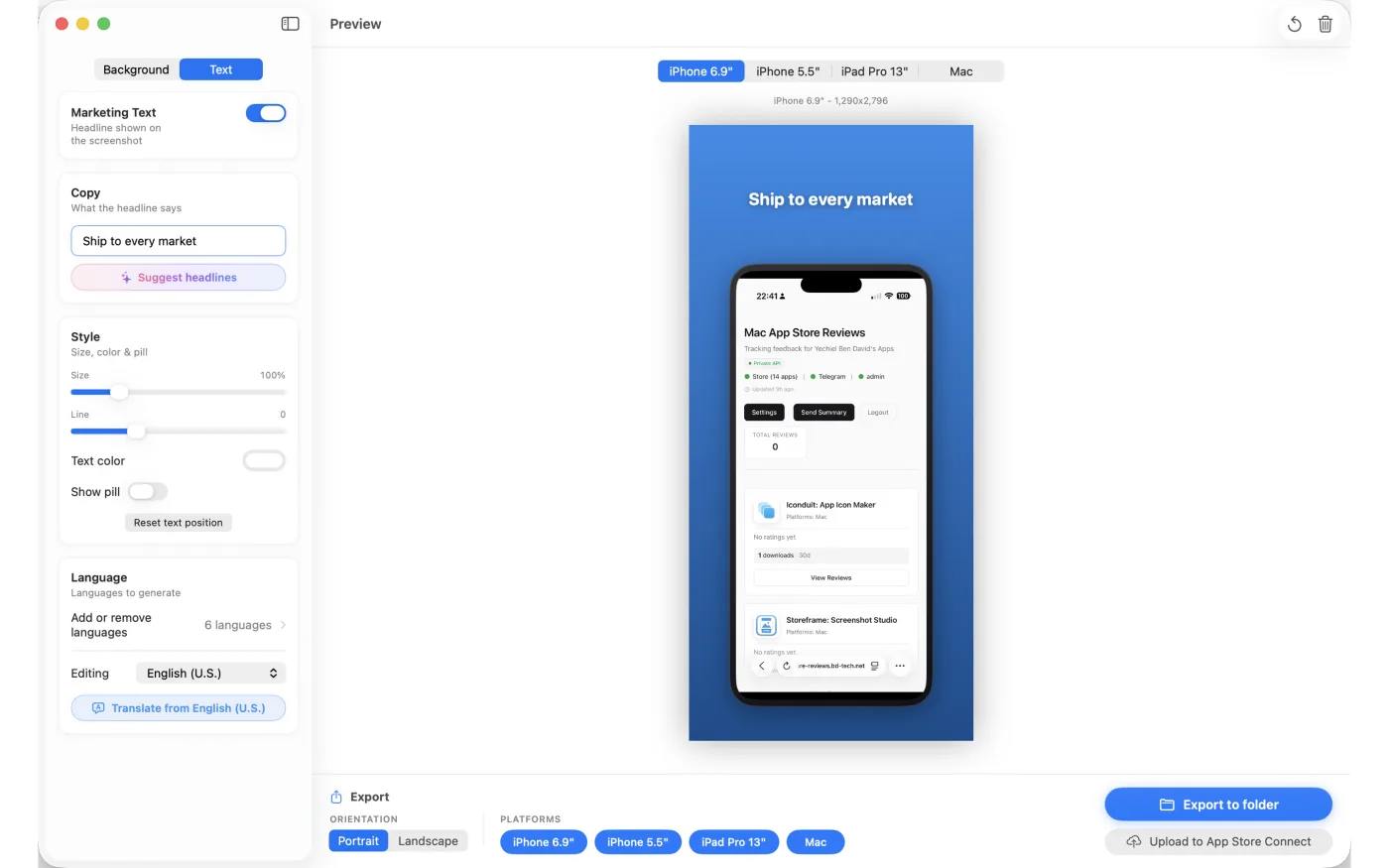 The text panel with the chosen languages and the on-device Translate from English button.