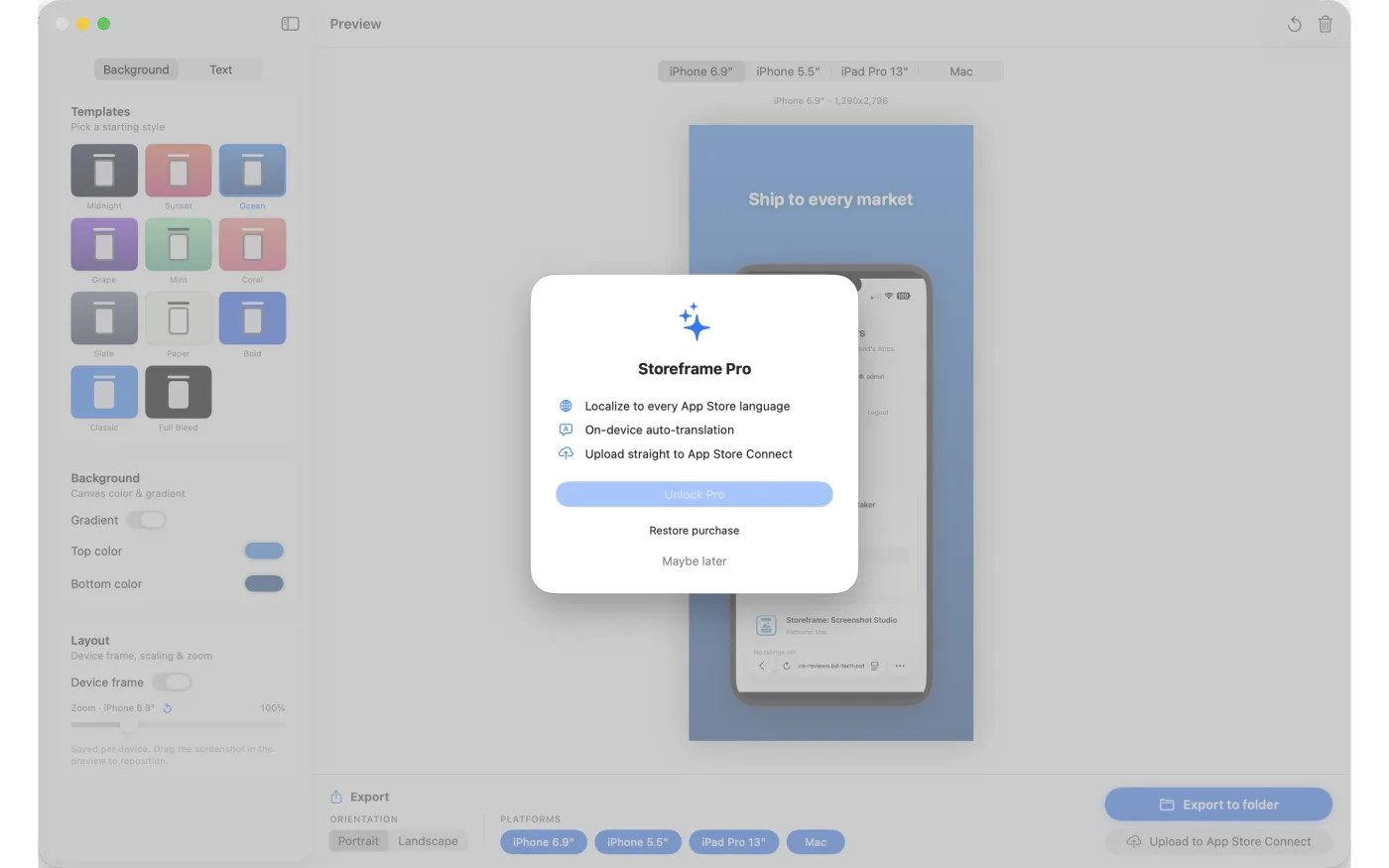 The Pro screen — a one-time $4.99 unlock for multi-language export, translation, and upload.